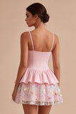Pink A Line Short Floral Spaghetti Straps Graduation Dress with Ruffles