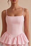 Pink A Line Short Floral Spaghetti Straps Graduation Dress with Ruffles