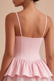 Pink A Line Short Floral Spaghetti Straps Graduation Dress with Ruffles