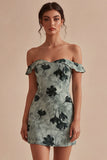 Green Tight Short Floral Off the Shoulder Graduation Dress