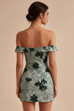 Green Tight Short Floral Off the Shoulder Graduation Dress