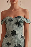 Green Tight Short Floral Off the Shoulder Graduation Dress