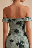Green Tight Short Floral Off the Shoulder Graduation Dress