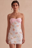 Sparkly Pink and White Floral Tight Mini Strapless Beaded Graduation Dress
