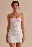 Sparkly Pink and White Floral Tight Mini Strapless Beaded Graduation Dress