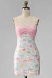 Sparkly Pink and White Floral Tight Mini Strapless Beaded Graduation Dress