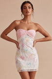 Sparkly Pink and White Floral Tight Mini Strapless Beaded Graduation Dress
