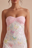 Sparkly Pink and White Floral Tight Mini Strapless Beaded Graduation Dress