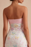 Sparkly Pink and White Floral Tight Mini Strapless Beaded Graduation Dress