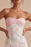 Sparkly Pink and White Floral Tight Mini Strapless Beaded Graduation Dress