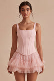 Pink A Line Short Corset Thick Straps Graduation Dress with Ruffles