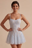 Grey Blue Floral Short Spaghetti Straps A Line Graduation Dress
