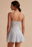 Grey Blue Floral Short Spaghetti Straps A Line Graduation Dress