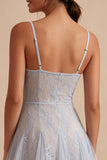 Grey Blue Floral Short Spaghetti Straps A Line Graduation Dress