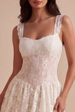 Floral White Thick Straps Lace Short A Line Graduation Dress