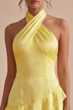 A Line Short Daffodil Halter Backless Graduation Dress with Ruffles