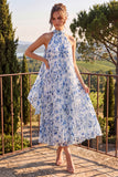 Blue A Line Halter Pleated Midi Floral Dress