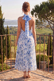 Blue A Line Halter Pleated Midi Floral Dress