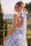 Blue A Line Halter Pleated Midi Floral Dress