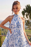 Blue A Line Halter Pleated Midi Floral Dress