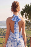 Blue A Line Halter Pleated Midi Floral Dress