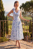 A Line Blue Floral Cowl Neck Mother of the Bride Dress with 3D Flowers