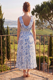 A Line Blue Floral Cowl Neck Mother of the Bride Dress with 3D Flowers