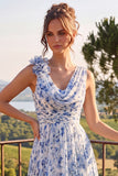 A Line Blue Floral Cowl Neck Mother of the Bride Dress with 3D Flowers