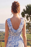 A Line Blue Floral Cowl Neck Mother of the Bride Dress with 3D Flowers