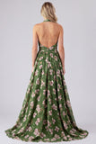 Green Halter Neck Chiffon Ruched A-Line Floral Long Bridesmaid Dress