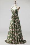 Green Halter Neck Chiffon Ruched A-Line Floral Long Bridesmaid Dress