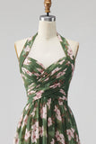 Green Halter Neck Chiffon Ruched A-Line Floral Long Bridesmaid Dress