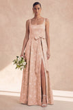 Sage A Line Floral Long Thick Straps Bridesmaid Dress with Bow