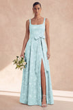 Sage A Line Floral Long Thick Straps Bridesmaid Dress with Bow