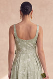 Sage A Line Floral Long Thick Straps Bridesmaid Dress with Bow
