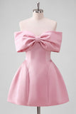 Blush Pink Off the Shoulder A-Line Satin Homecoming Dress with Bow