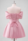 Blush Pink Off the Shoulder A-Line Satin Homecoming Dress with Bow
