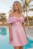 Blush Pink Off the Shoulder A-Line Satin Homecoming Dress with Bow