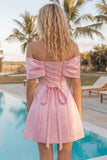 Blush Pink Off the Shoulder A-Line Satin Homecoming Dress with Bow