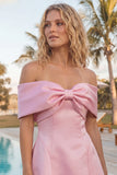 Blush Pink Off the Shoulder A-Line Satin Homecoming Dress with Bow