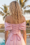 Blush Pink Off the Shoulder A-Line Satin Homecoming Dress with Bow