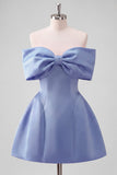 Blush Pink Off the Shoulder A-Line Satin Homecoming Dress with Bow