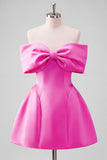 Blush Pink Off the Shoulder A-Line Satin Homecoming Dress with Bow