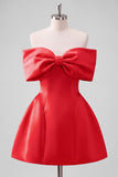Blush Pink Off the Shoulder A-Line Satin Homecoming Dress with Bow
