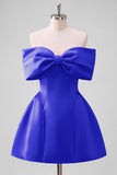 Blush Pink Off the Shoulder A-Line Satin Homecoming Dress with Bow