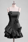 A-Line Satin Light Blue Spaghetti Straps Ruffled Homecoming Dress with 3D Flowers