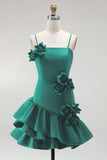 A-Line Satin Light Blue Spaghetti Straps Ruffled Homecoming Dress with 3D Flowers