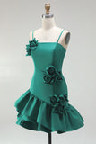A-Line Satin Light Blue Spaghetti Straps Ruffled Homecoming Dress with 3D Flowers