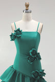 A-Line Satin Light Blue Spaghetti Straps Ruffled Homecoming Dress with 3D Flowers