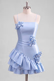 A-Line Satin Light Blue Spaghetti Straps Ruffled Homecoming Dress with 3D Flowers